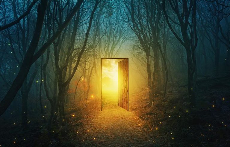ein mystischer Wald mit Glühwürmchen, mitten drin eine Tür die sich öffnet, zu der Du Dich hingezogen fühlst und daraus kommt ein helles Licht